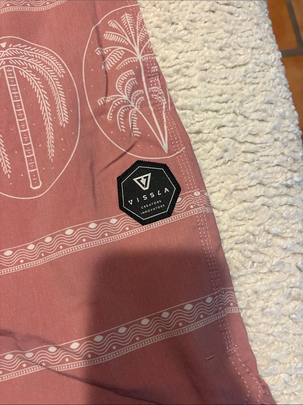VISSLA Rose-Mauve Palm Panel Swim Shorts with White Graphics